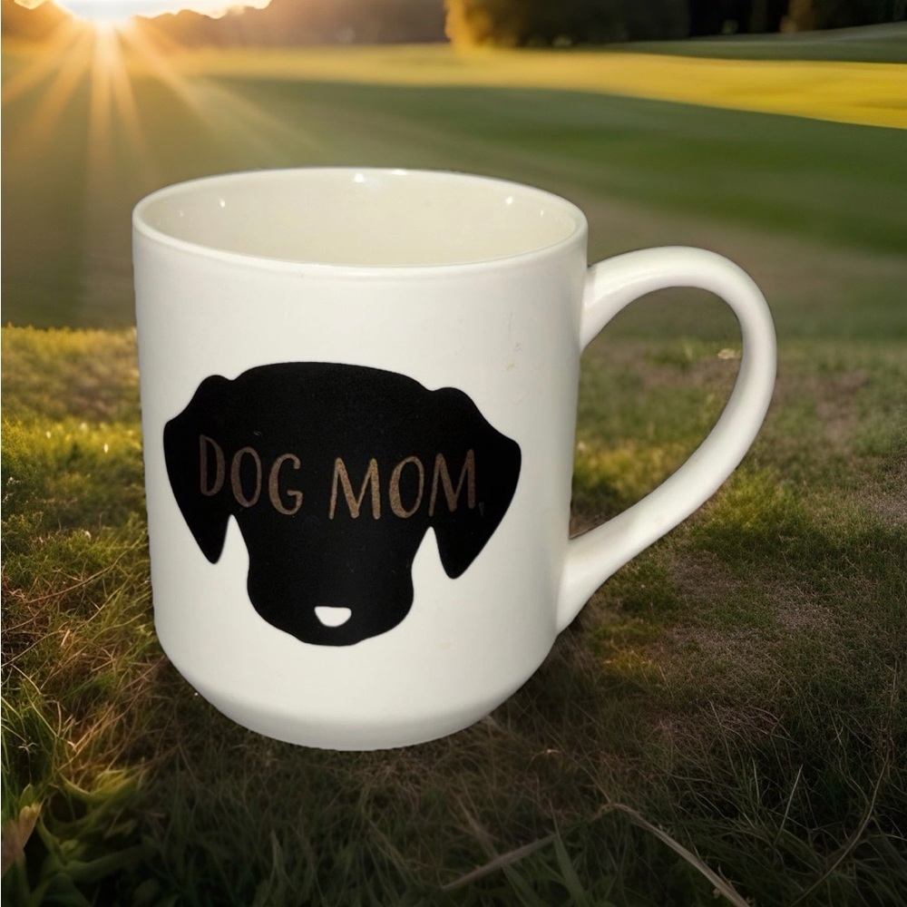 Dog Mom Mug Black Silhouette Gold Text Coffee Tea Cup White Ceramic